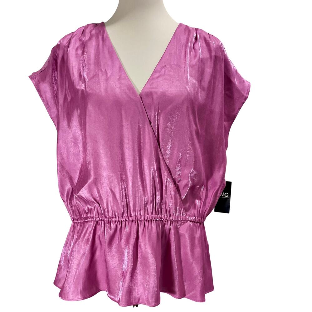 NWT INC Faux-Wrap Blouse Pink Ruffled Elastic Waist International Concepts XL